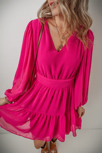 Rose Red V Neck Puff Long Sleeve Layered Mini Dress