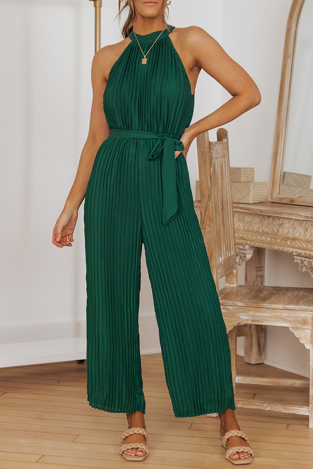 Green Elegant Halter Neck Belted Pleated Wide Leg Jumpsuit