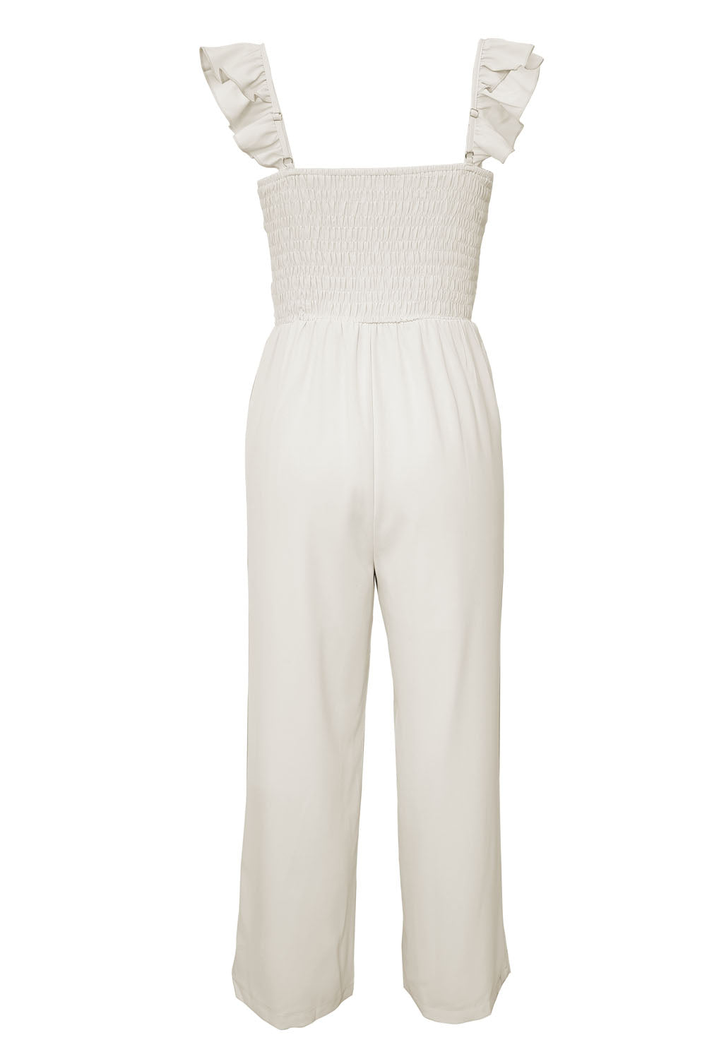 White Smocked Ruffle Strap Pocket Wide Leg Jumpsuit