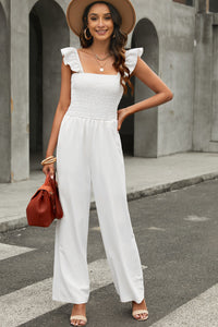 White Smocked Ruffle Strap Pocket Wide Leg Jumpsuit