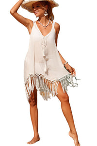 White Tasseled Hem Backless Halter Beach Cover Up Dress