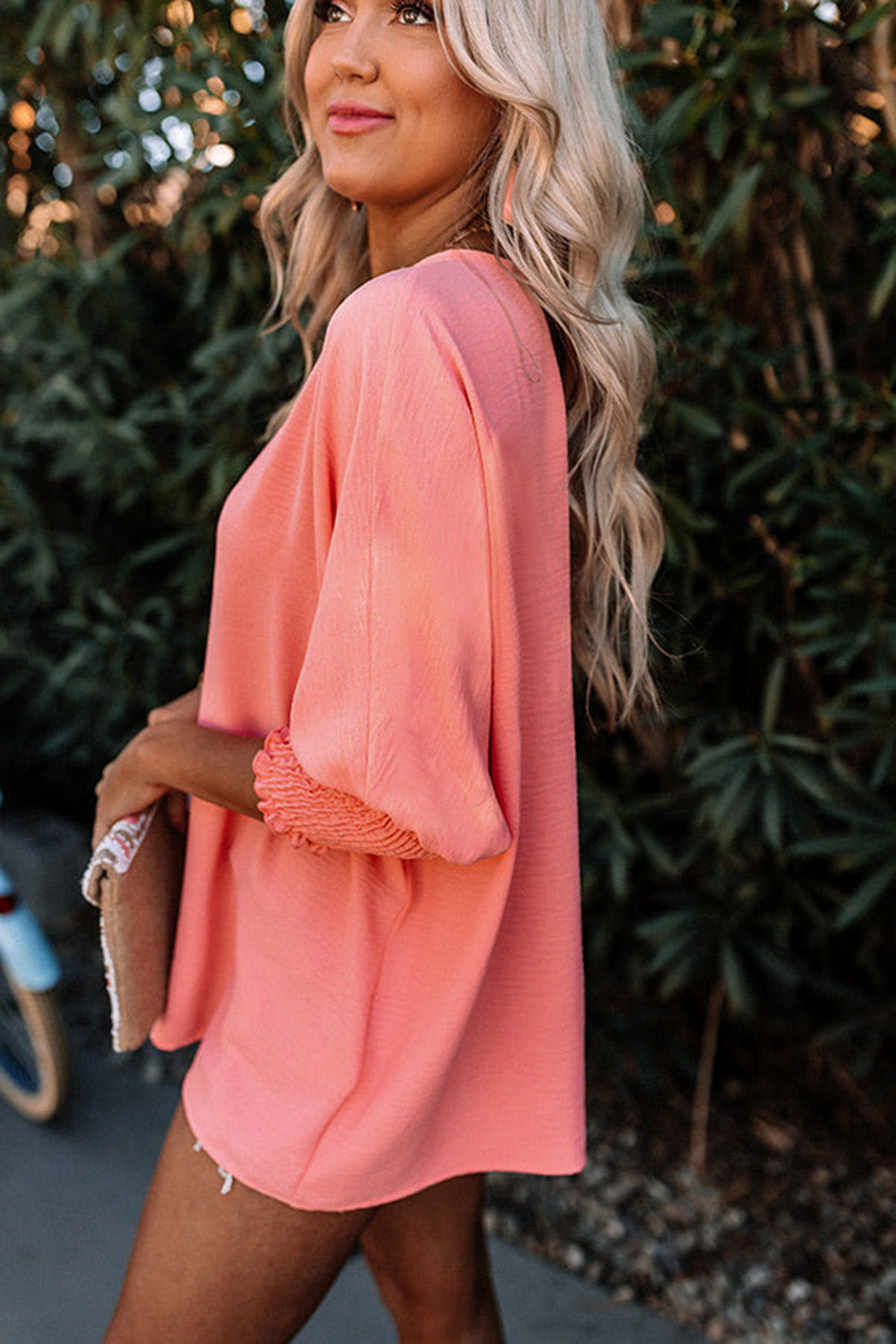 Apricot Solid Casual Smocked Cuffs Batwing Sleeve Blouse