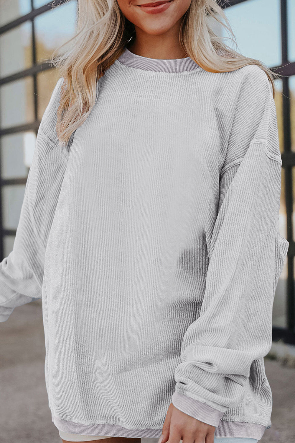 Smoke Gray Plain Drop Sleeve Crinkle Rib Oversized Sweatshirt