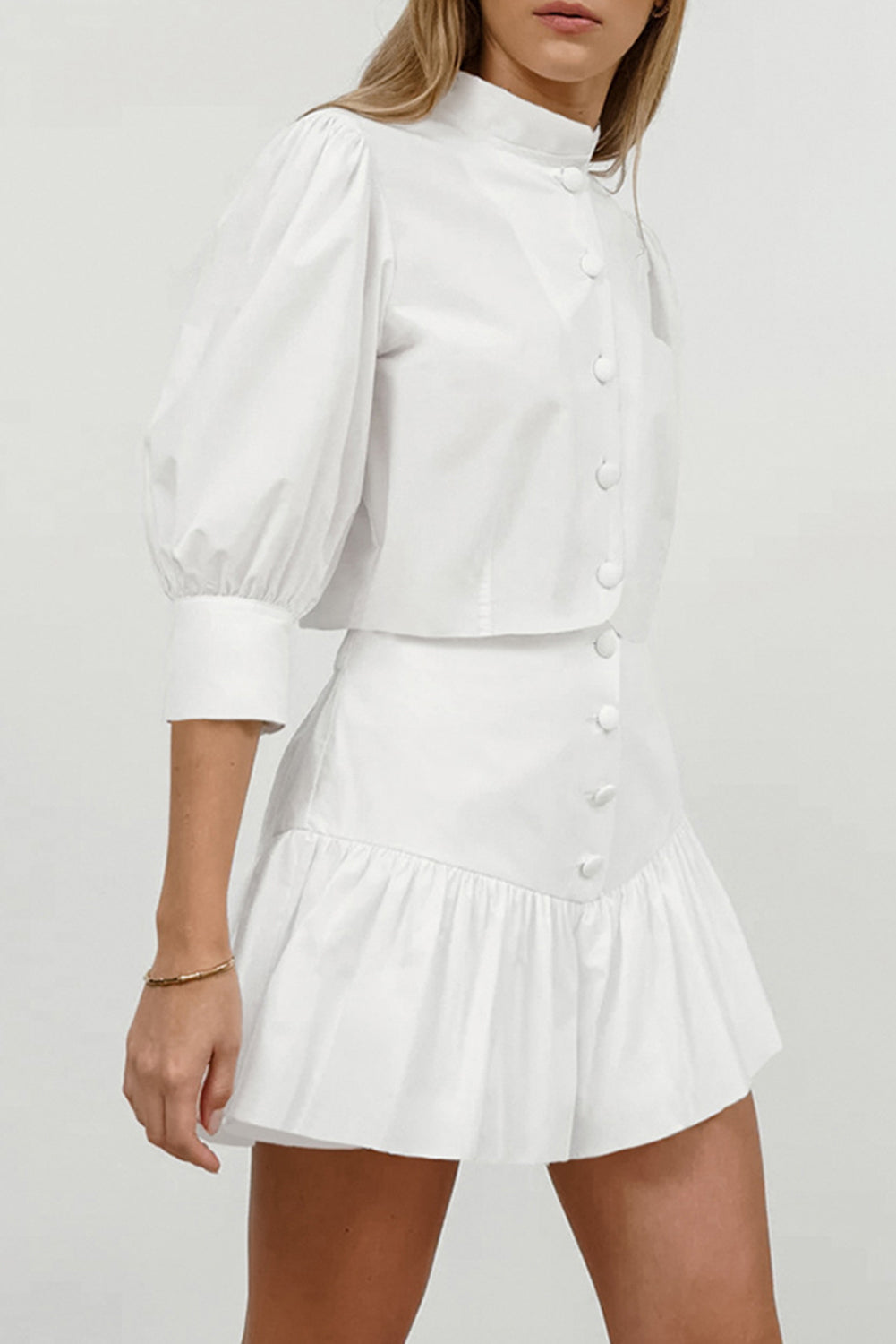 White Lantern Sleeve Cropped Shirt & Short Skirt Set