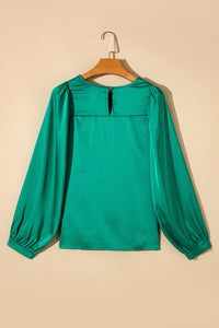 Green Plain Satin Puff Long Sleeve Crewneck Blouse