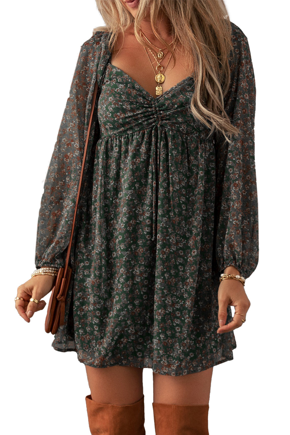 Green Ditsy Floral Print Sweetheart Neck Smocked Back Mini Dress