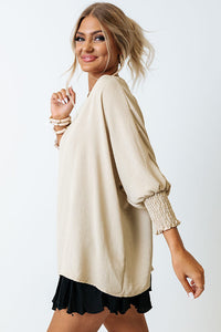 Apricot Solid Casual Smocked Cuffs Batwing Sleeve Blouse