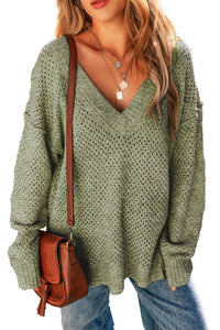 Jungle Green Plain Oversized Hollowed Knit Sweater