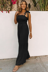 Black Tie Straps Shirred Casual Tiered Wide Leg Jumpsuit