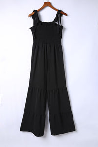 Black Tie Straps Shirred Casual Tiered Wide Leg Jumpsuit