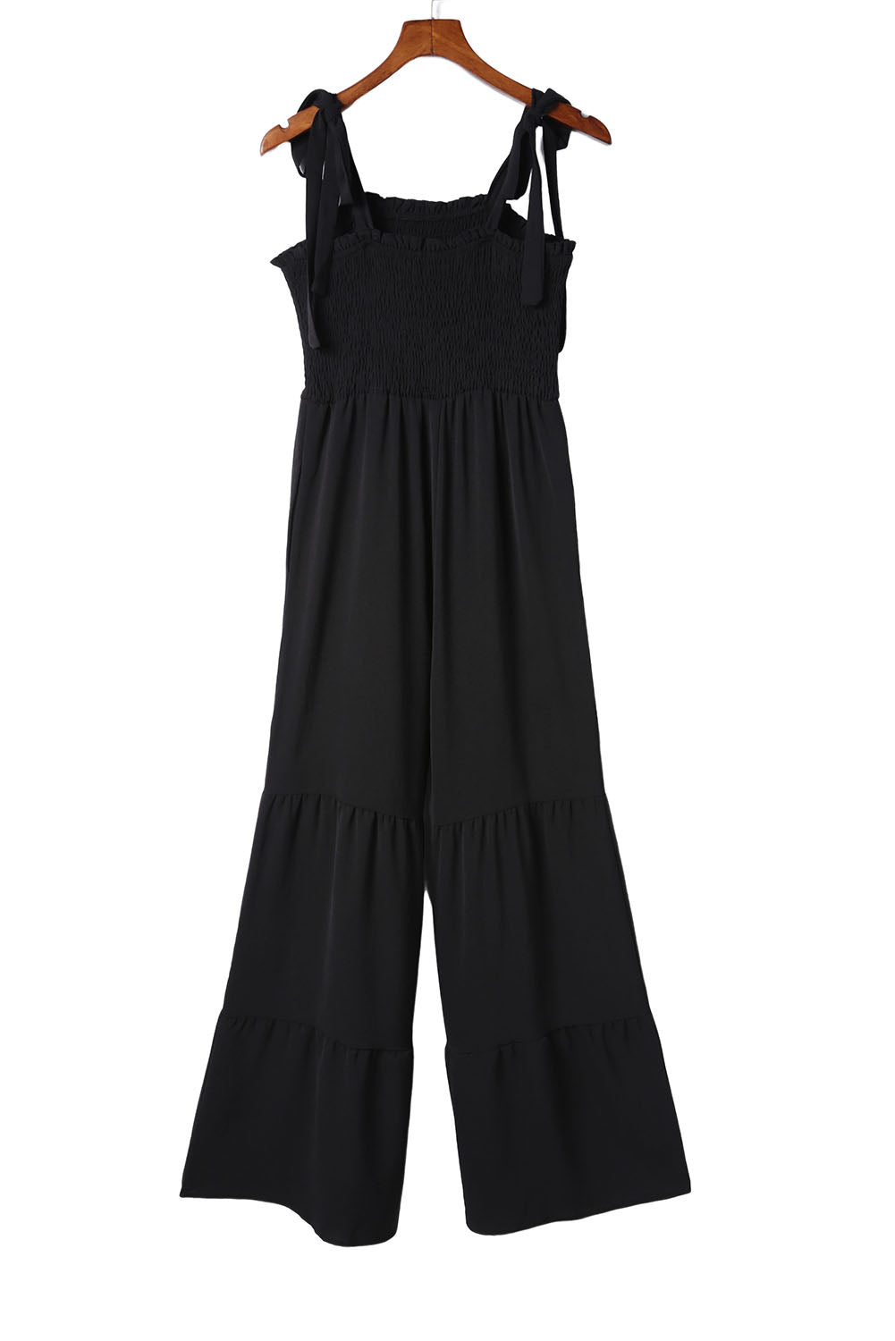 Black Tie Straps Shirred Casual Tiered Wide Leg Jumpsuit