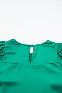 Green Plain Satin Puff Long Sleeve Crewneck Blouse