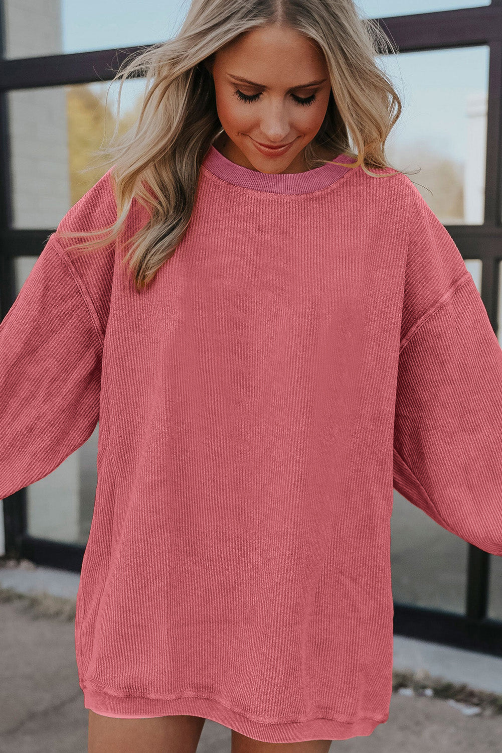 Smoke Gray Plain Drop Sleeve Crinkle Rib Oversized Sweatshirt