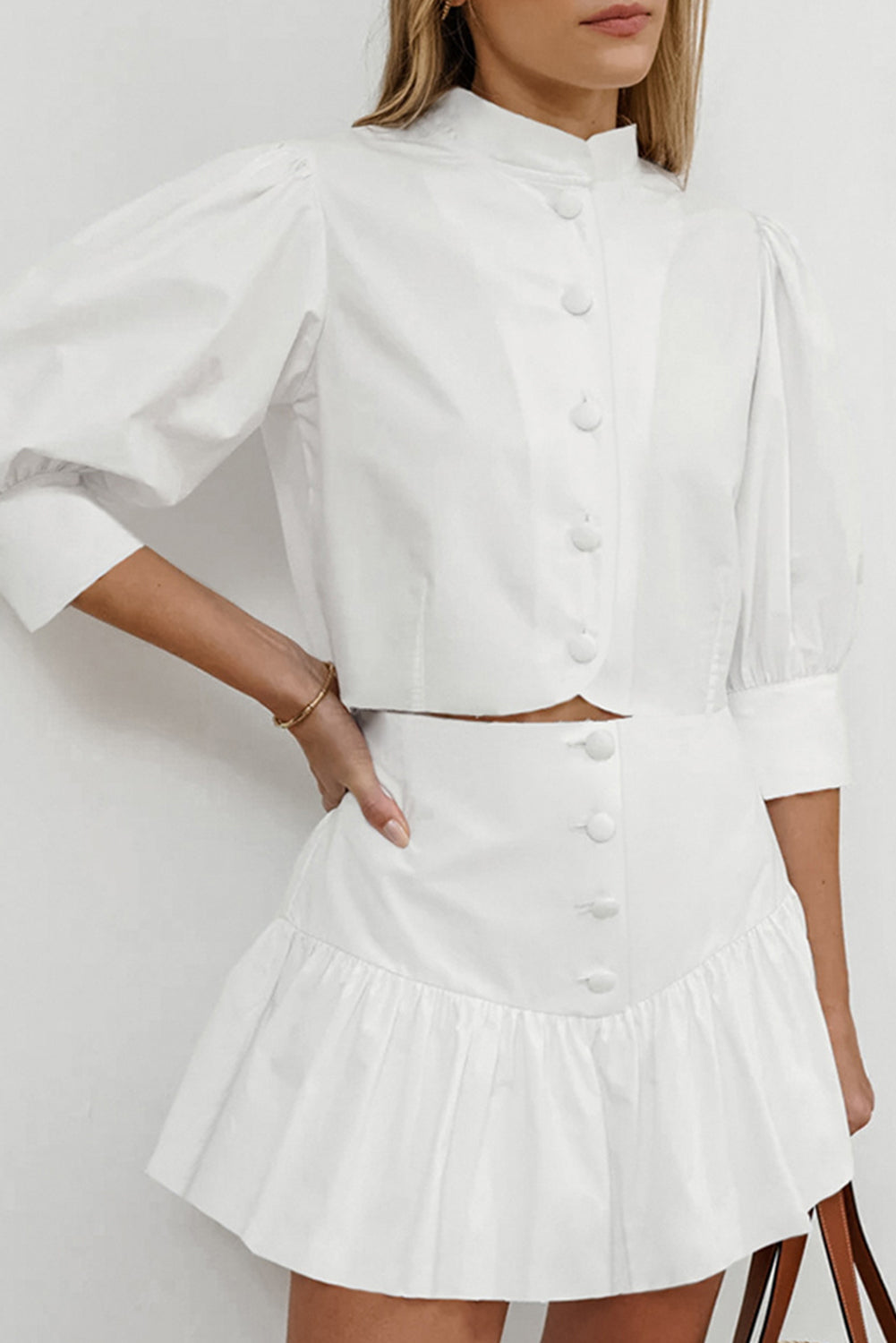 White Lantern Sleeve Cropped Shirt & Short Skirt Set