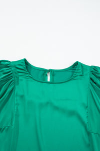 Green Plain Satin Puff Long Sleeve Crewneck Blouse