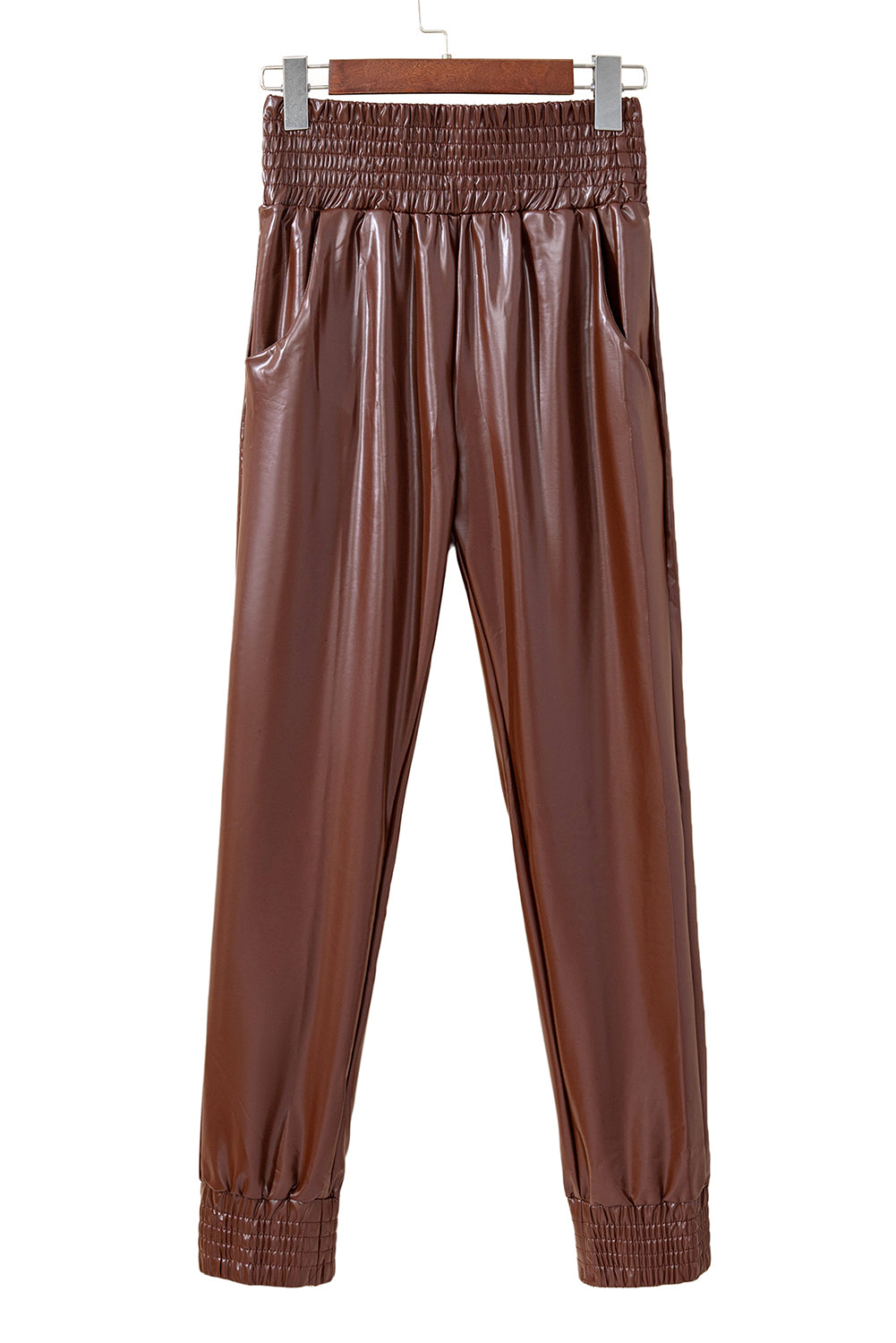 Brown Smocked High Waist Leather Skinny Pants