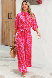 Rose Leopard Print Tulip Sleeve Belted Wide Leg Jumpsuit