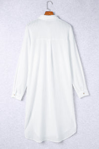 White Striped Button Up Long Sleeve Swimsuit Cover Up