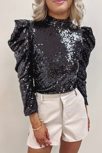 Black Sequin Mock Neck Ruched Puff Sleeve Top