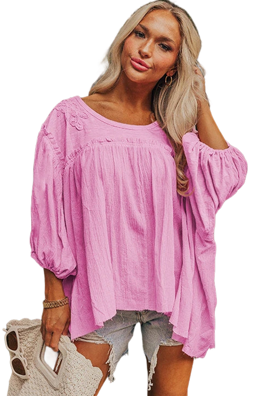 Pink Bracelet Sleeve Frill Detail Babydoll Blouse