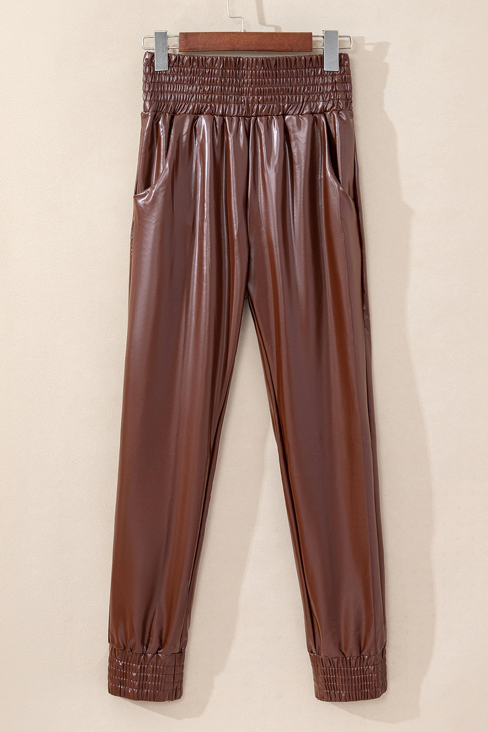 Brown Smocked High Waist Leather Skinny Pants