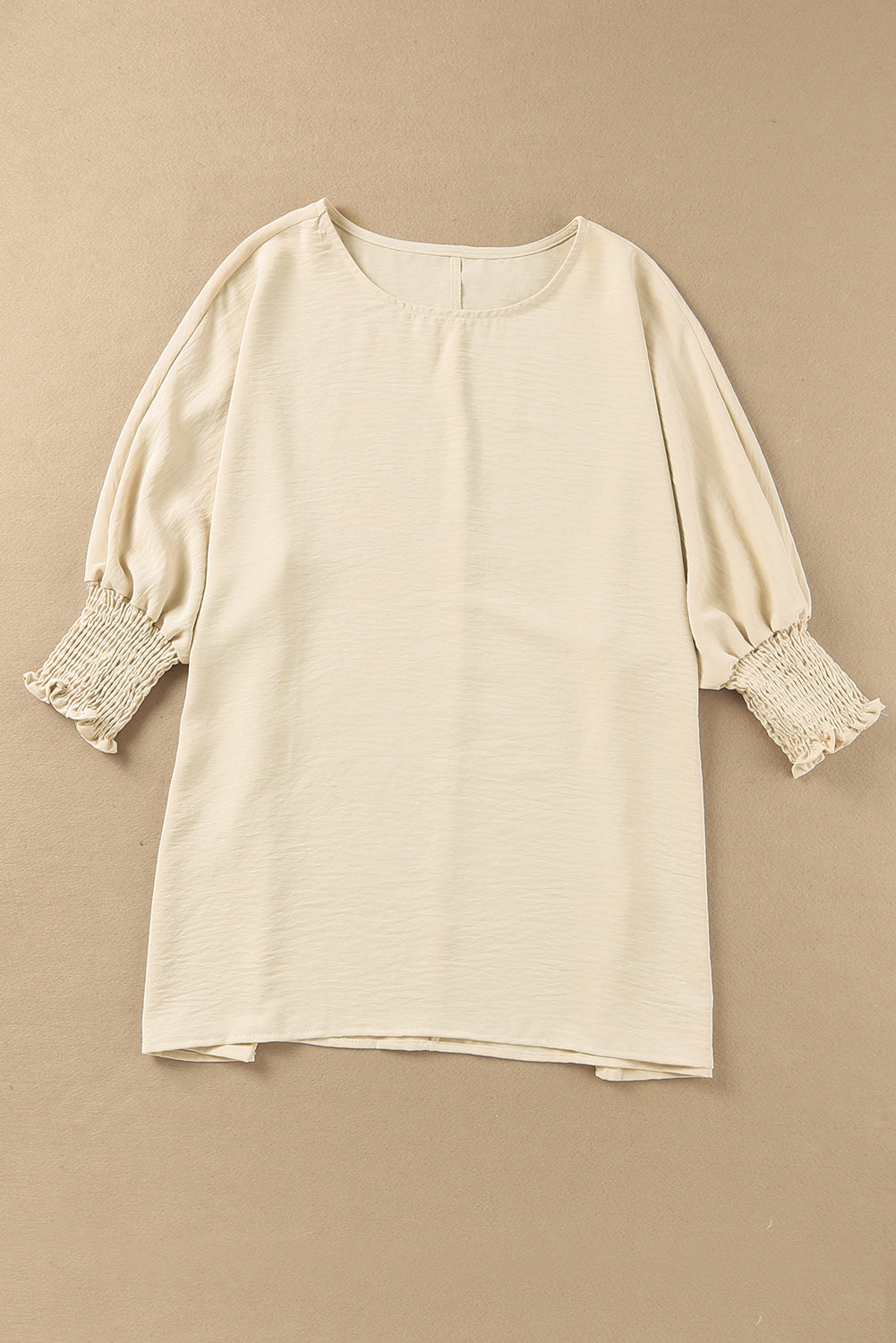 Apricot Solid Casual Smocked Cuffs Batwing Sleeve Blouse