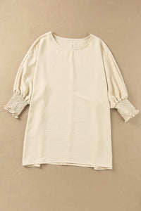 Apricot Solid Casual Smocked Cuffs Batwing Sleeve Blouse