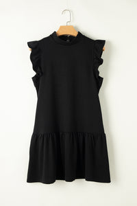 Black Solid Color Ruffle Hem Mini Sweatshirt Dress