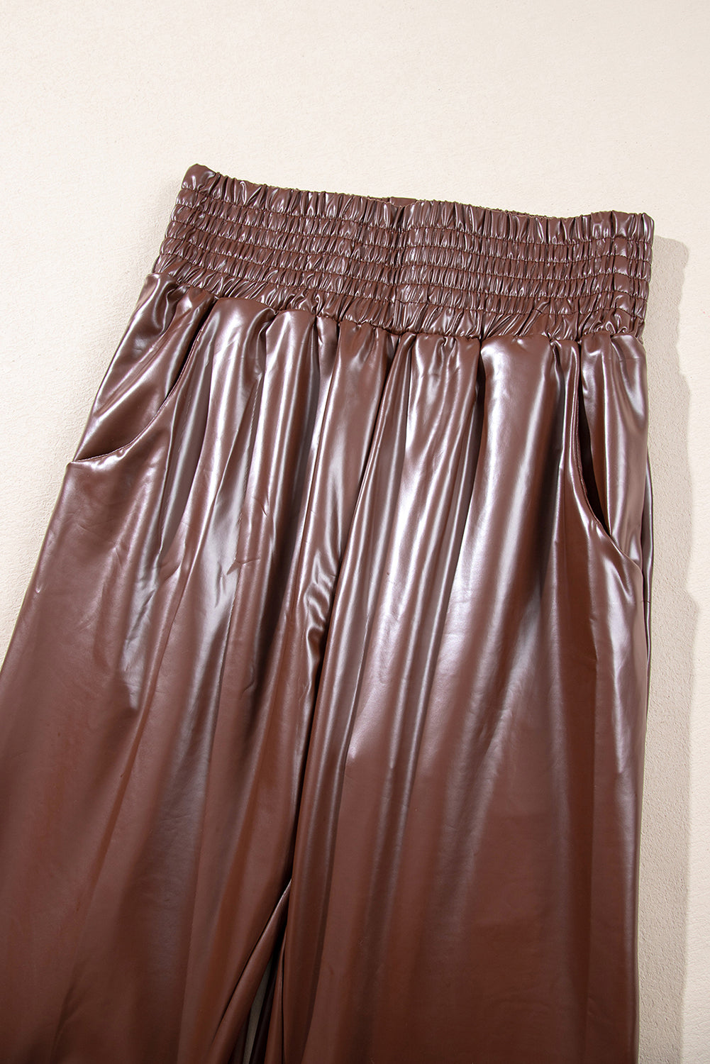 Brown Smocked High Waist Leather Skinny Pants