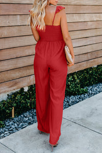 White Smocked Ruffle Strap Pocket Wide Leg Jumpsuit