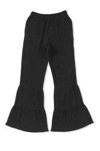 Black Plain Cotton Tiered Ruffle Flare High Waisted Pants