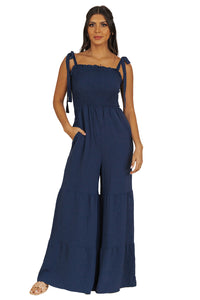 Black Tie Straps Shirred Casual Tiered Wide Leg Jumpsuit