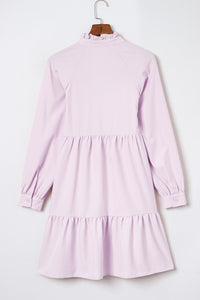 Pink Casual Stand V Neck Short Frill Dress