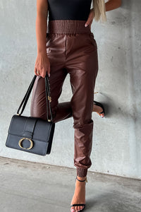 Brown Smocked High Waist Leather Skinny Pants