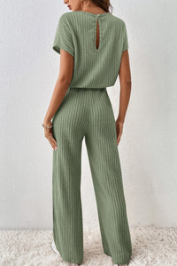 Black Solid Color Ribbed Short Sleeve Wide Leg Jumpsuit