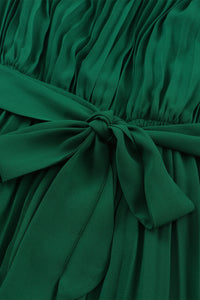 Green Elegant Halter Neck Belted Pleated Wide Leg Jumpsuit