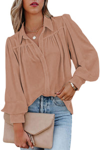 Khaki Solid Color Casual Button Up Puff Sleeve Pleated Shirt