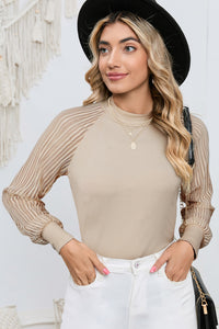 Apricot Ribbed Solid Color Striped Mesh Long Sleeve Top