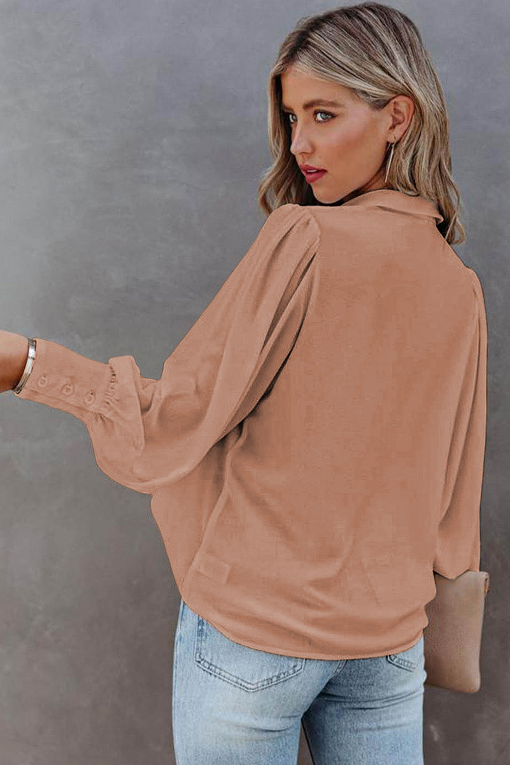 Khaki Solid Color Casual Button Up Puff Sleeve Pleated Shirt