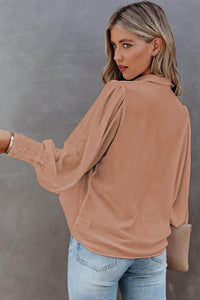 Khaki Solid Color Casual Button Up Puff Sleeve Pleated Shirt