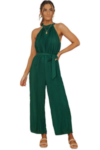 Green Elegant Halter Neck Belted Pleated Wide Leg Jumpsuit