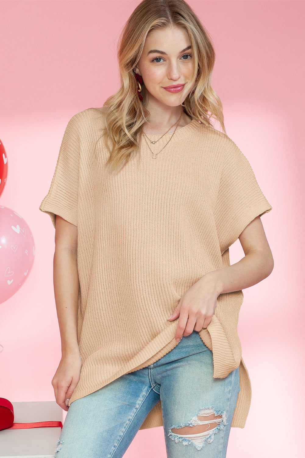 Apricot Side Slit Short Sleeve Oversized Sweater