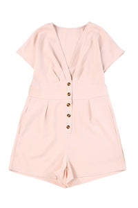 Pink Deep V Neck Buttoned High Waist Romper