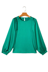 Green Plain Satin Puff Long Sleeve Crewneck Blouse