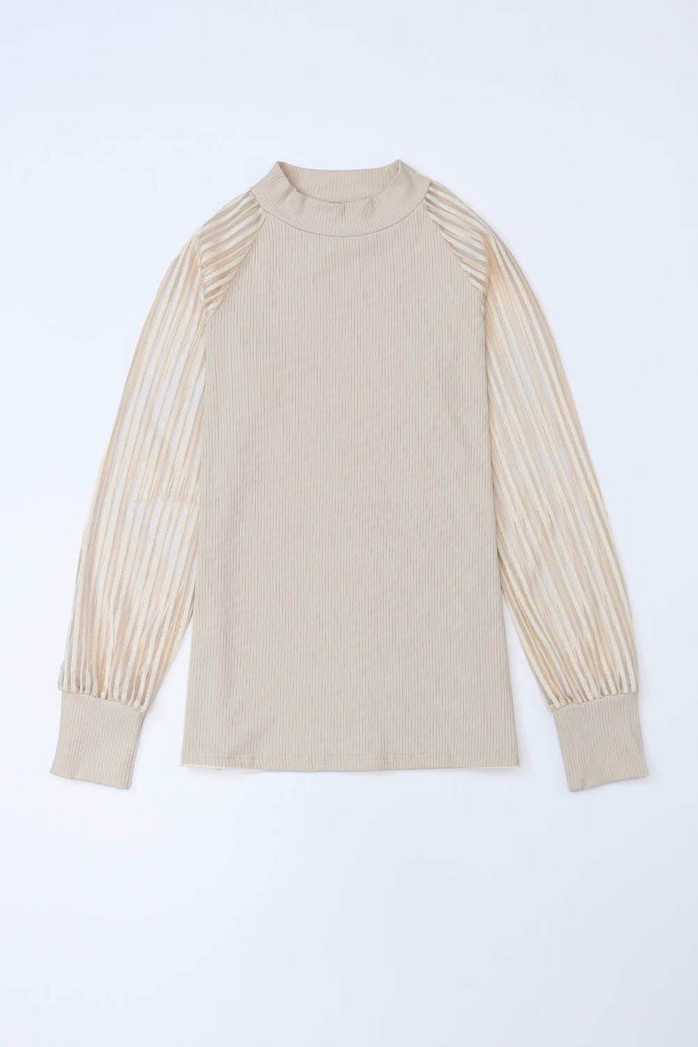 Apricot Ribbed Solid Color Striped Mesh Long Sleeve Top