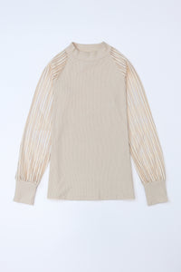 Apricot Ribbed Solid Color Striped Mesh Long Sleeve Top