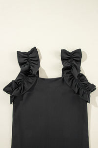 Black Solid Ruffle Trim Sleeveless Blouse