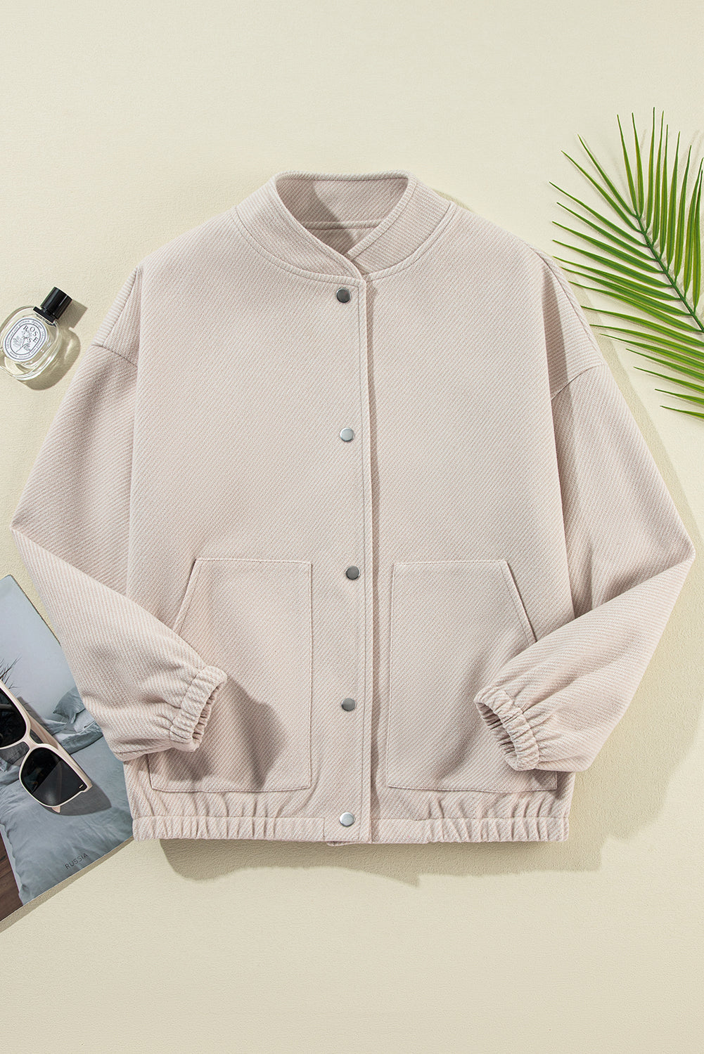 Beige Snap Button Pocketed Bomber Jacket