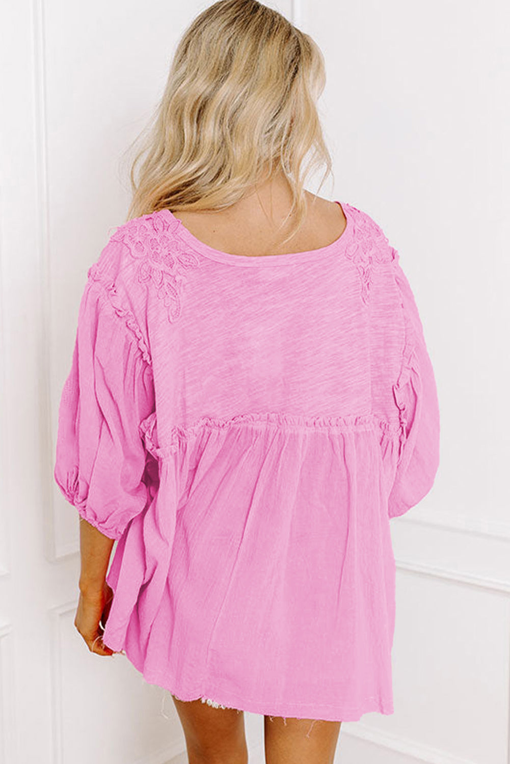 Pink Bracelet Sleeve Frill Detail Babydoll Blouse