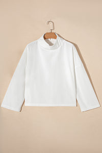 White Plain Mock Neck Drop Shoulder Ribbed Top